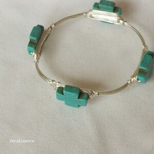 Handmade Boho Turquoise Cross Design Beads Bangle Silver Wire Bracelet 3" Diam